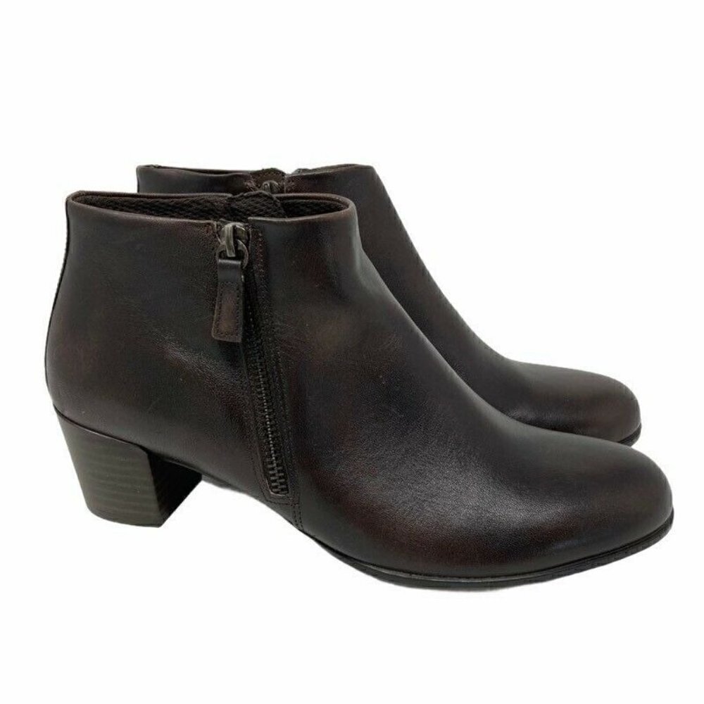 Ecco Womens Ankle Booties Brown Leather Block Heel Round Toe Side Zipper 40 / 9